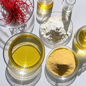 Several glass containers with various oils, powders, botanicals