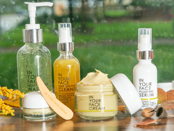 a group of products on a green, outdoorsy background