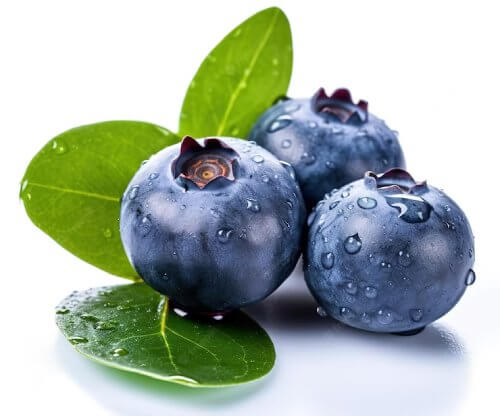 an image with 3 bilberries next to a few green leaves
