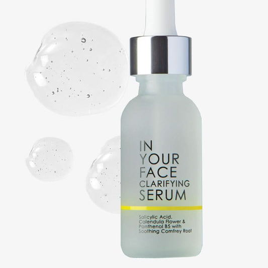 Bottle of 'In Your Face Clarifying Serum' with a dropper on a white background