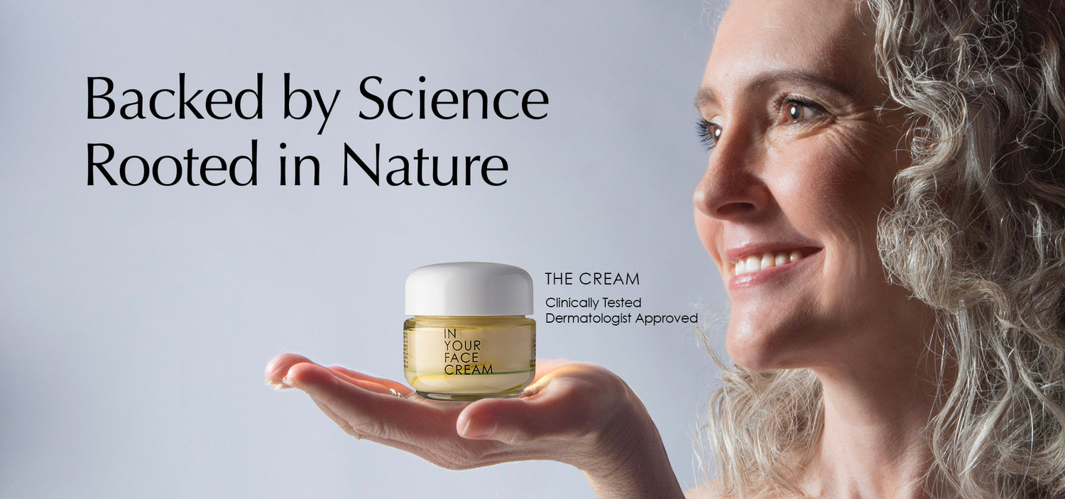 Image of woman holding jar of CREAM with "Backed by Science, Rooted in Nature"