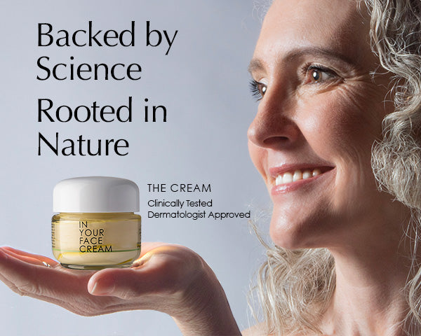 Image of woman holding jar of CREAM with "Backed by Science, Rooted in Nature"