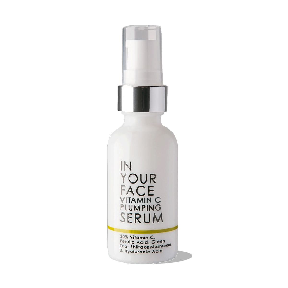 image of vitamin c plumping serum bottle on a white background.