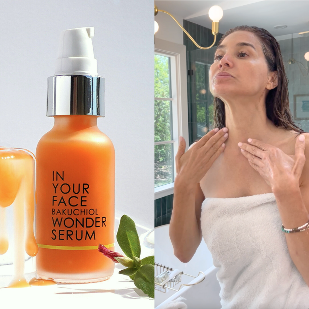 woman applying BAKUCHIOL WONDER SERUM to her neck area.