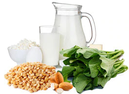 Buffered Calcium, showing milk, spinach, seeds and almonds