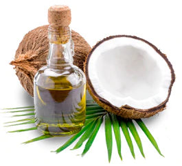 coconut oil and coconut on white background