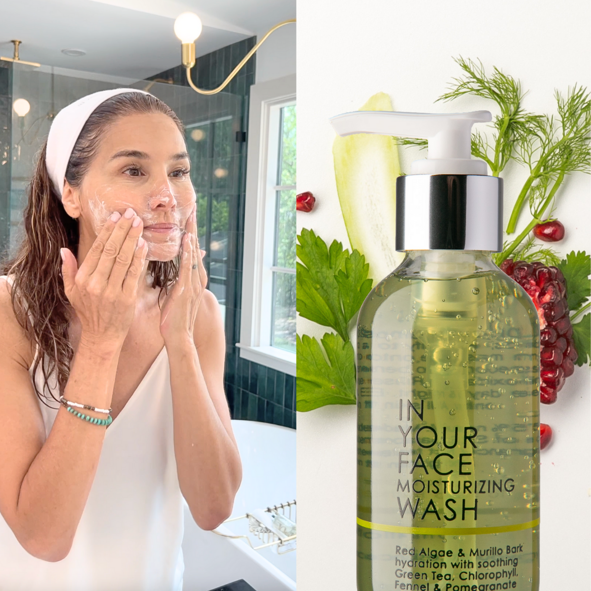 woman applying MOISTURIZING WASH to her face.