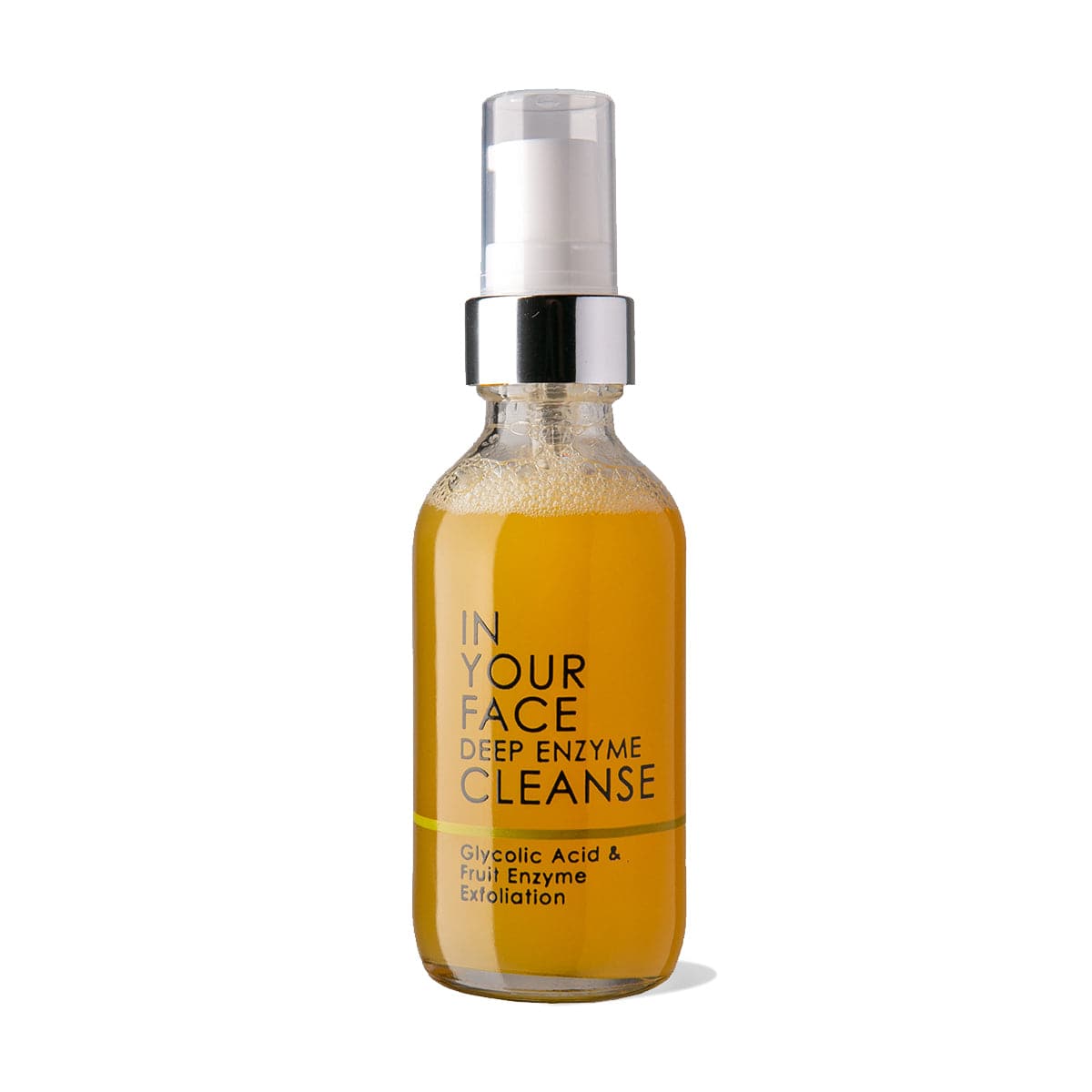a bottle of IN YOUR FACE DEEP ENZYME CLEANSE on a white background. The bottle also says "Glycolic Acid & Fruit Enzyme Exfoliation". It's with a pump dispenser and the product inside is an orange color.
