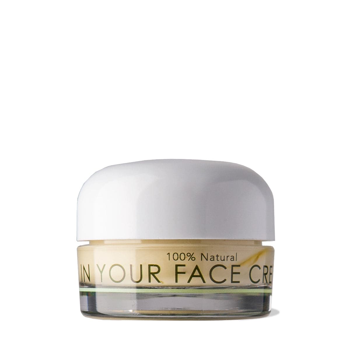 a photo of the IN YOUR FACE CREAM - MINI (TRAVEL SIZE) on a white background. It says "100% natural" on it.