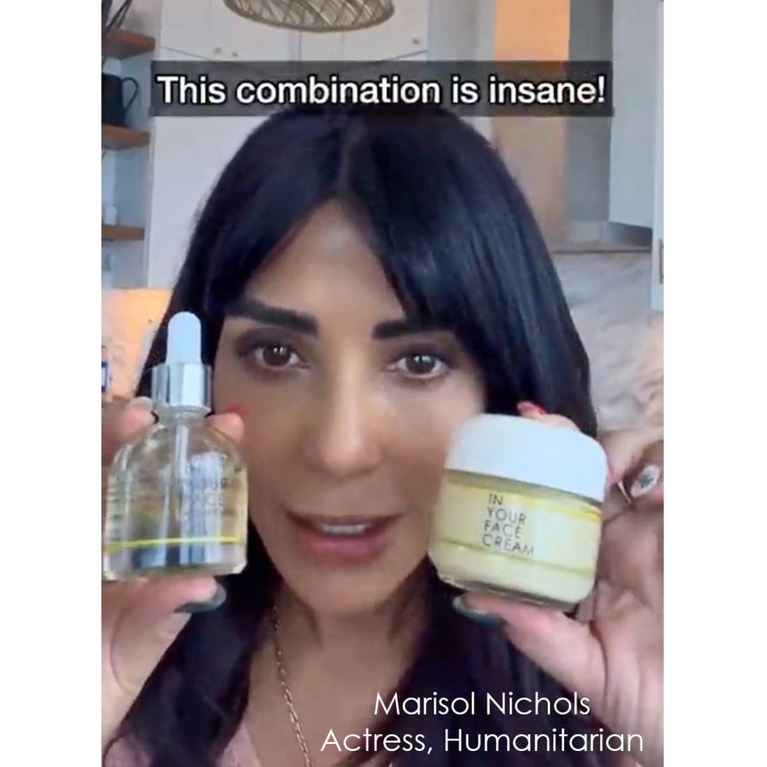 an image of actress and humanitarian Marisol Nichols holding up a bottle of NOURISHING OIL and CREAM