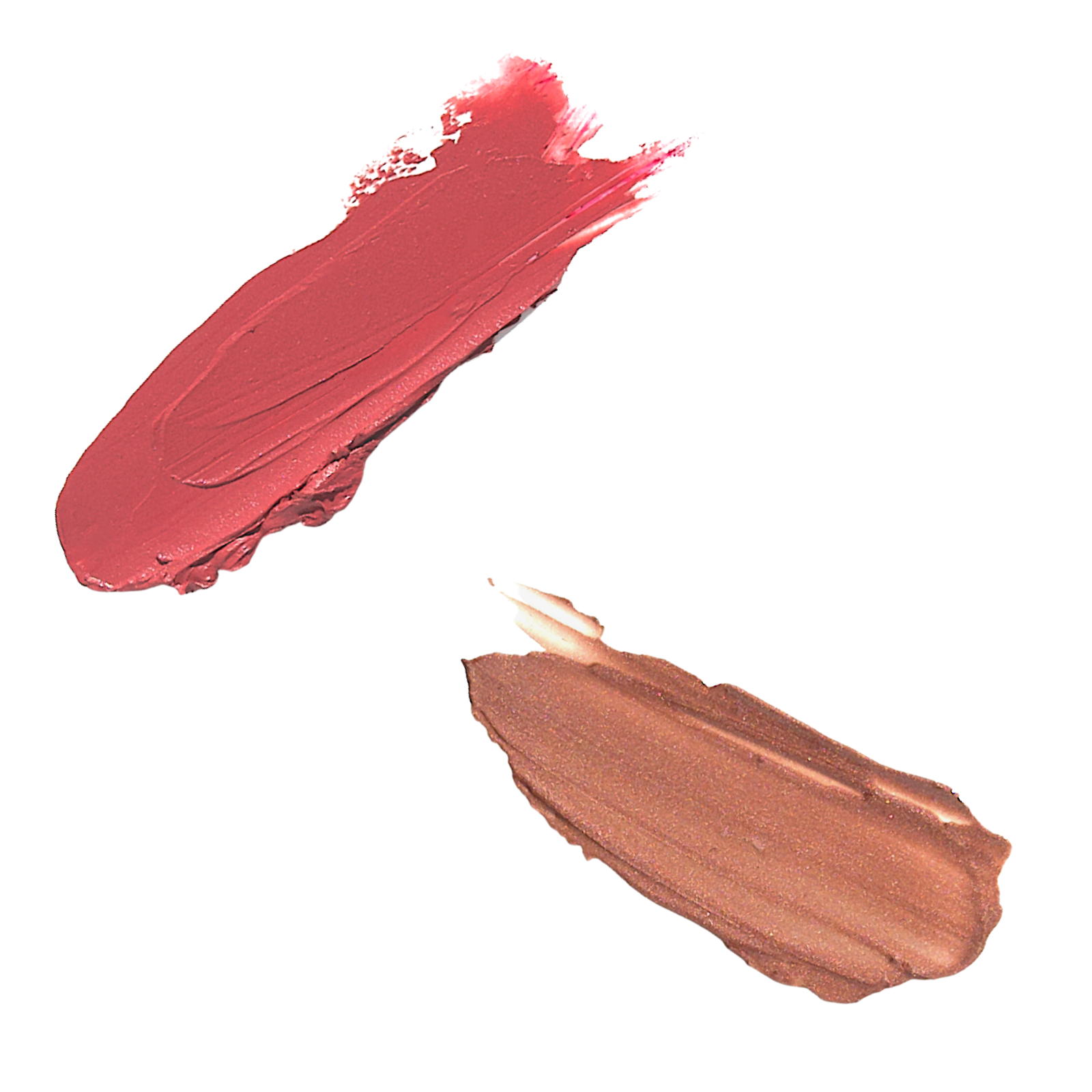 a swatch of the IN YOUR FACE SKINCARE COLOR, showing it to be a deep rose in tone, next to a swatch of the SHIMMER which is a shimmery bronze tone.