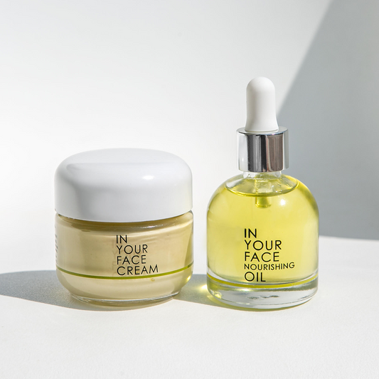 CREAM and NOURISHING OIL on a white background.