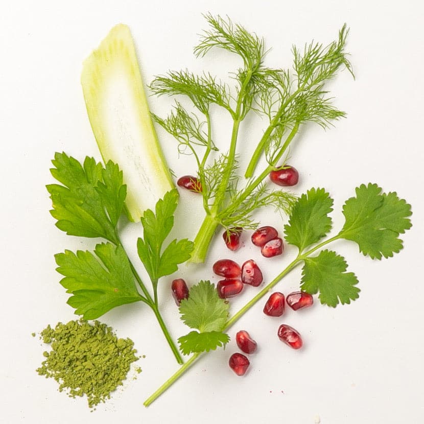 Some ingredients laying flat of the WASH, such as fennel, green tea and pomegranate.