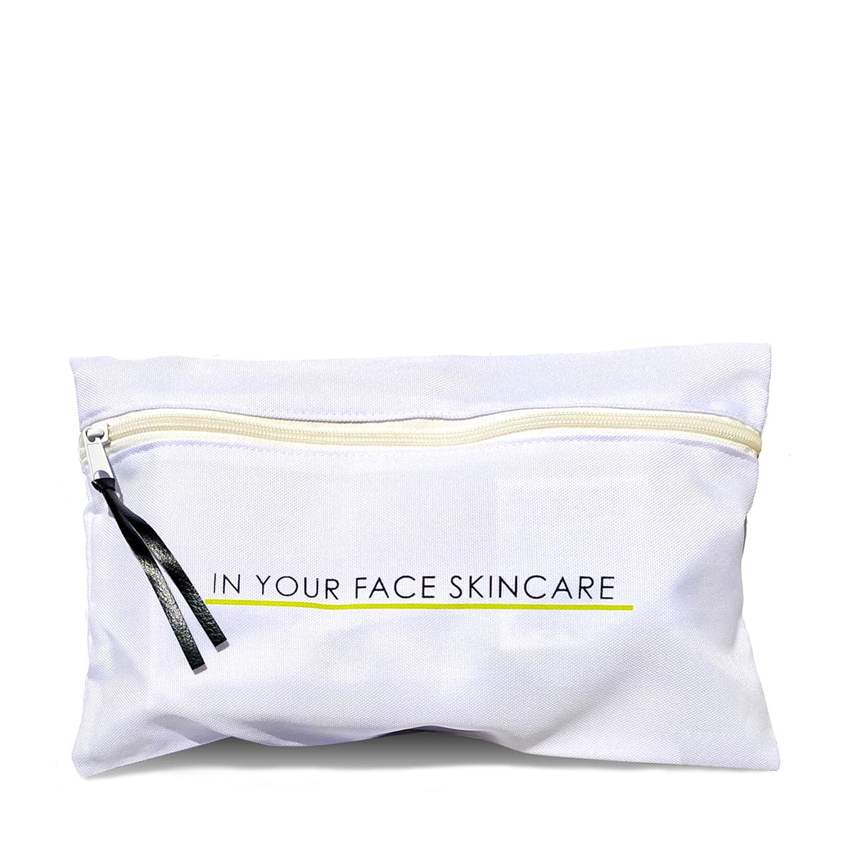 an image of a white rectangular zippered makeup bag on a white background that says "IN YOUR FACE SKINCARE"