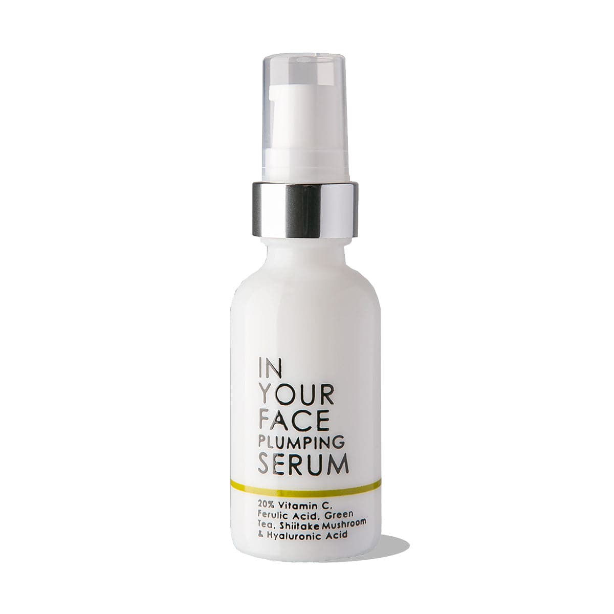 a clean image of our vitamin c plumping serum on a white background with a small shadow. The bottle saying: IN YOUR FACE PLUMPING SESRUM, 20% Vitamin C, Ferulic Acid, Green Tea, Shiitake Mushroom and Hyaluronic Acid