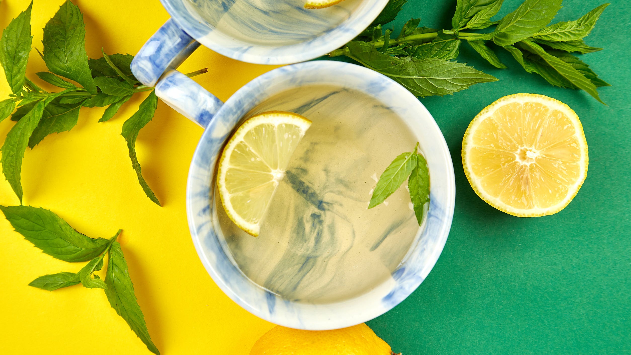 a couple of marble bowls with lemon slices and botanicals