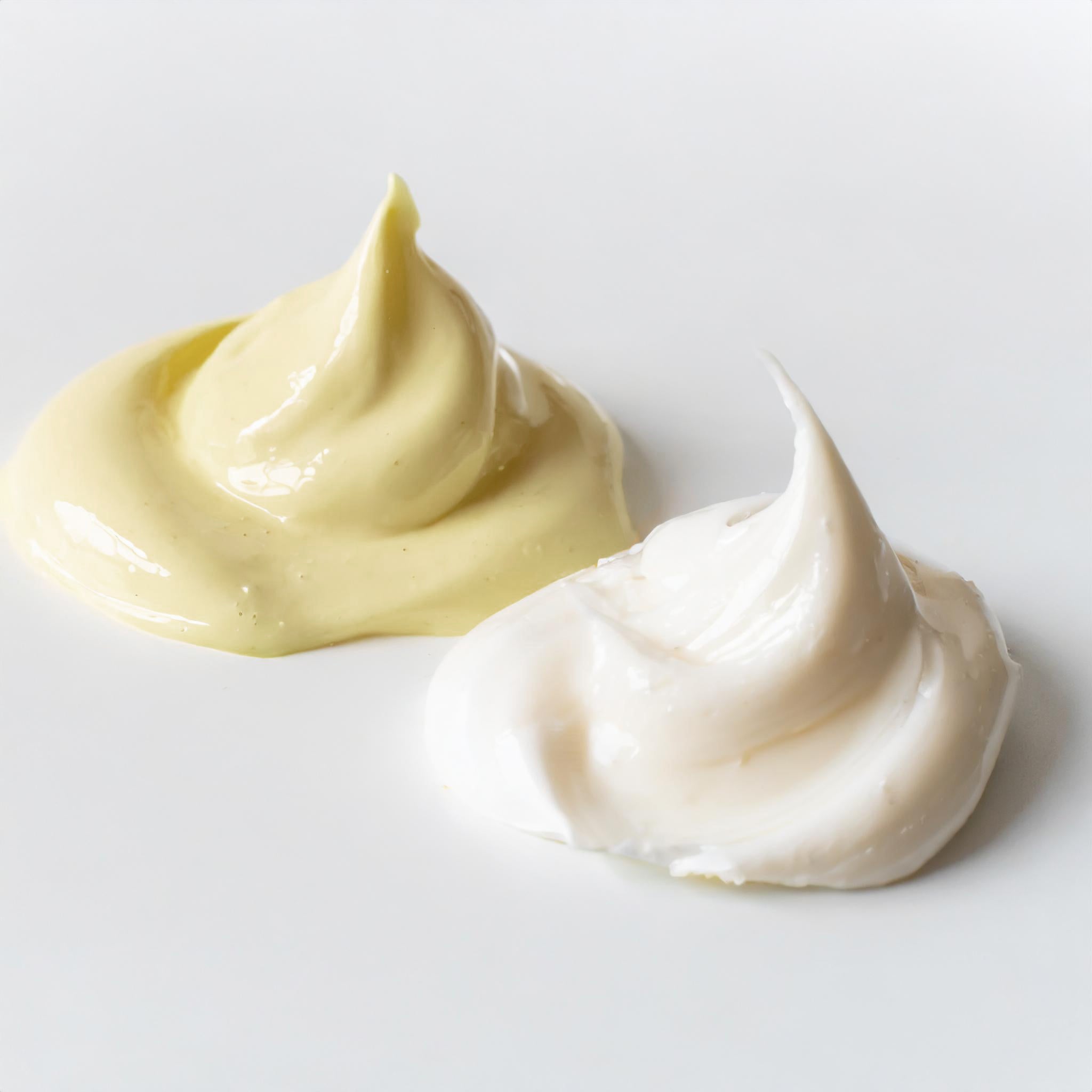 an image of 2 different colored dollops of cream, one buttery yellow and one off-white
