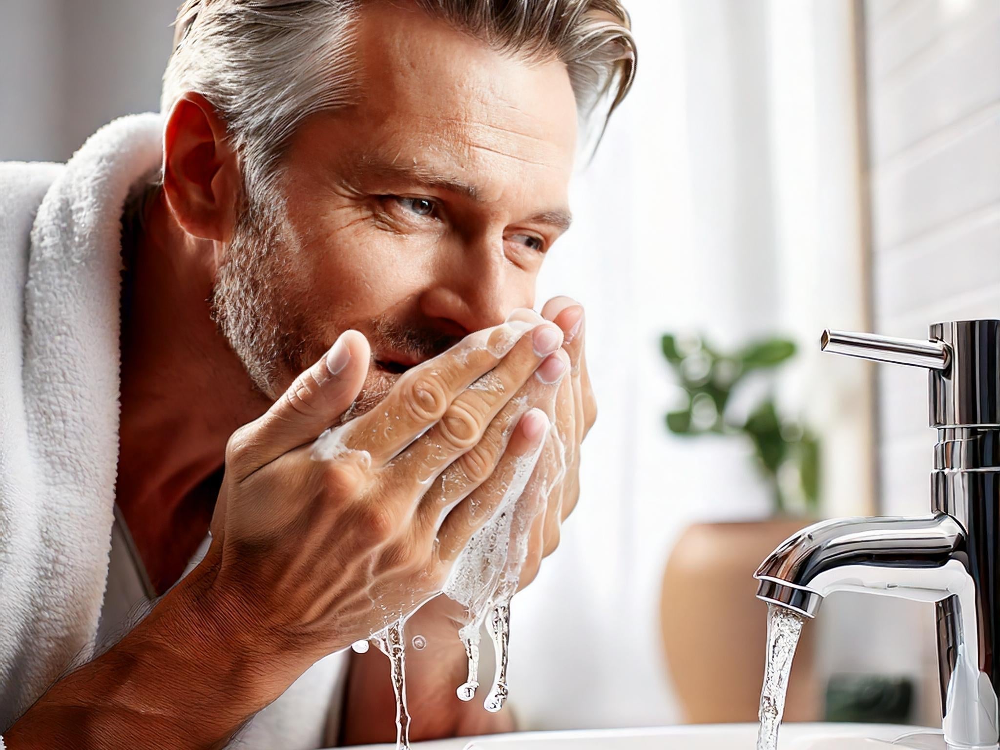 Image of man with greying hair washing face in a sink