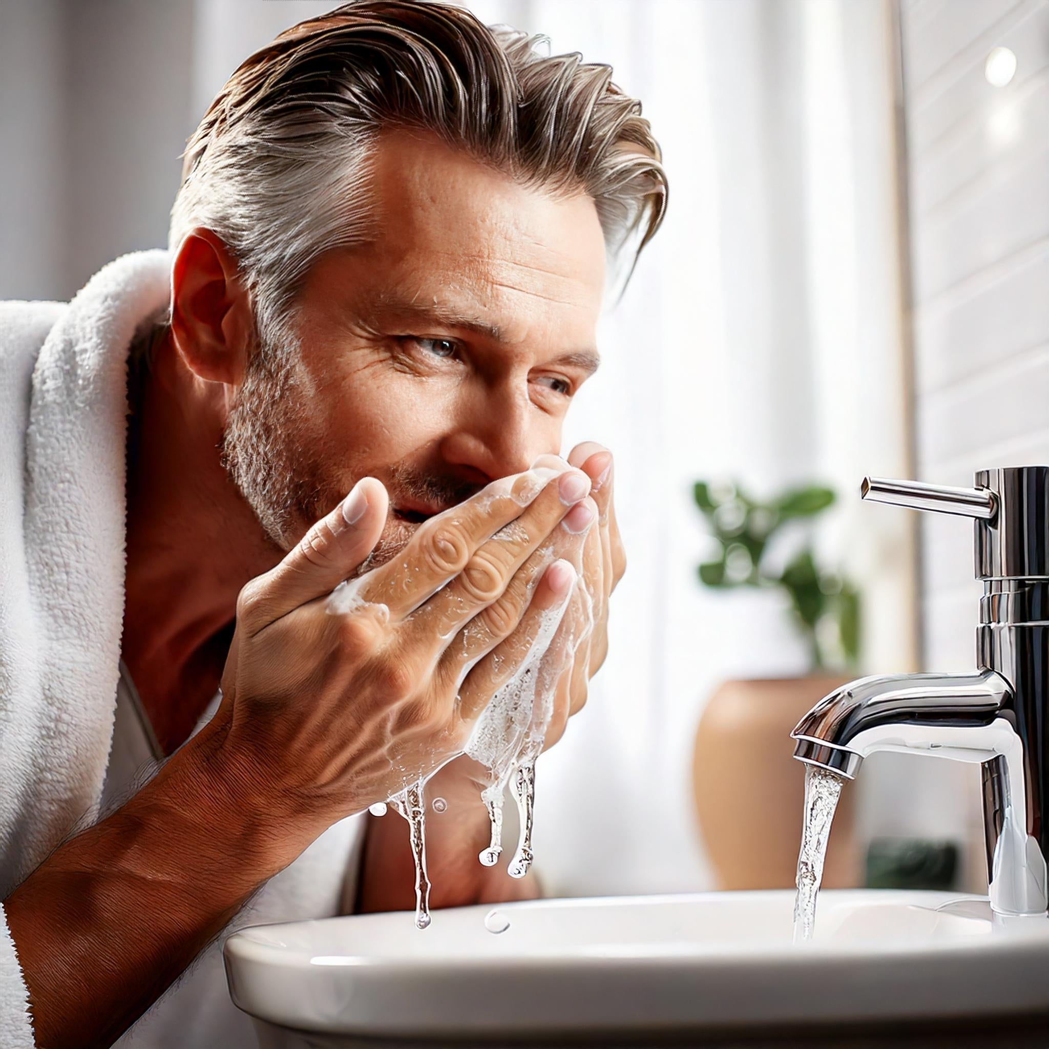 Image of man with greying hair washing face in a sink