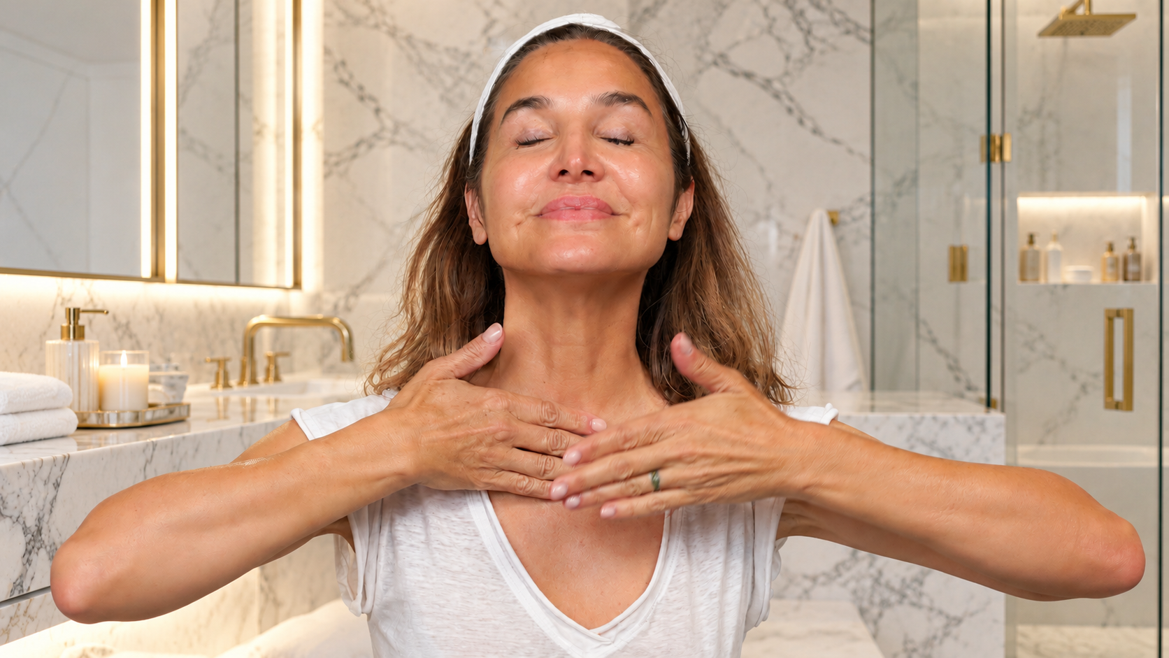 Denice massaging neck in marble bathroom