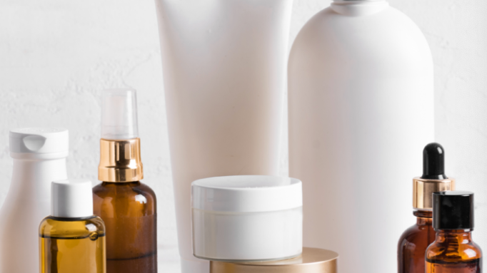 Photo of black bottles, jars and tubes of products