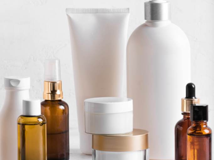 Photo of black bottles, jars and tubes of products