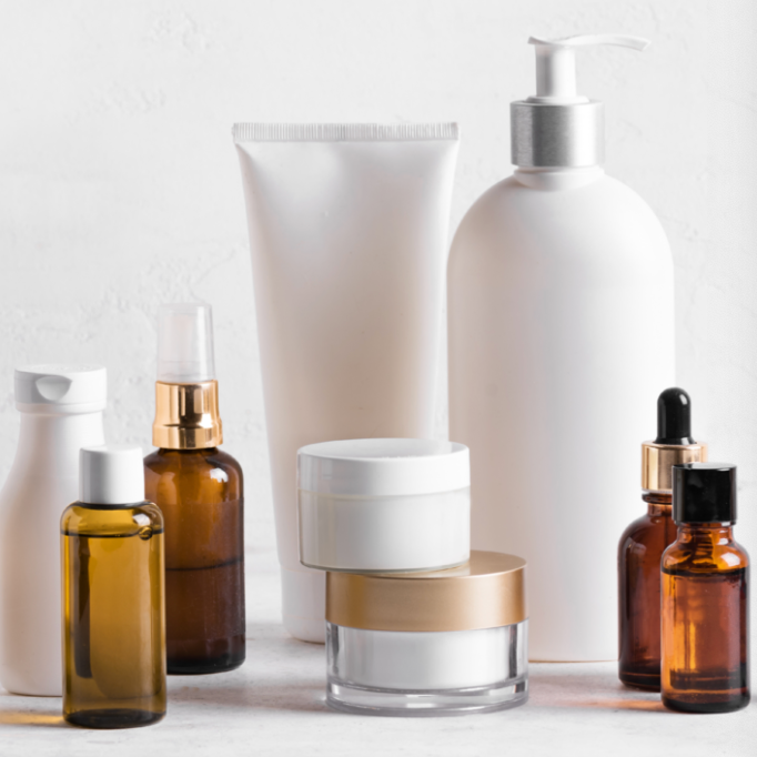 Photo of black bottles, jars and tubes of products