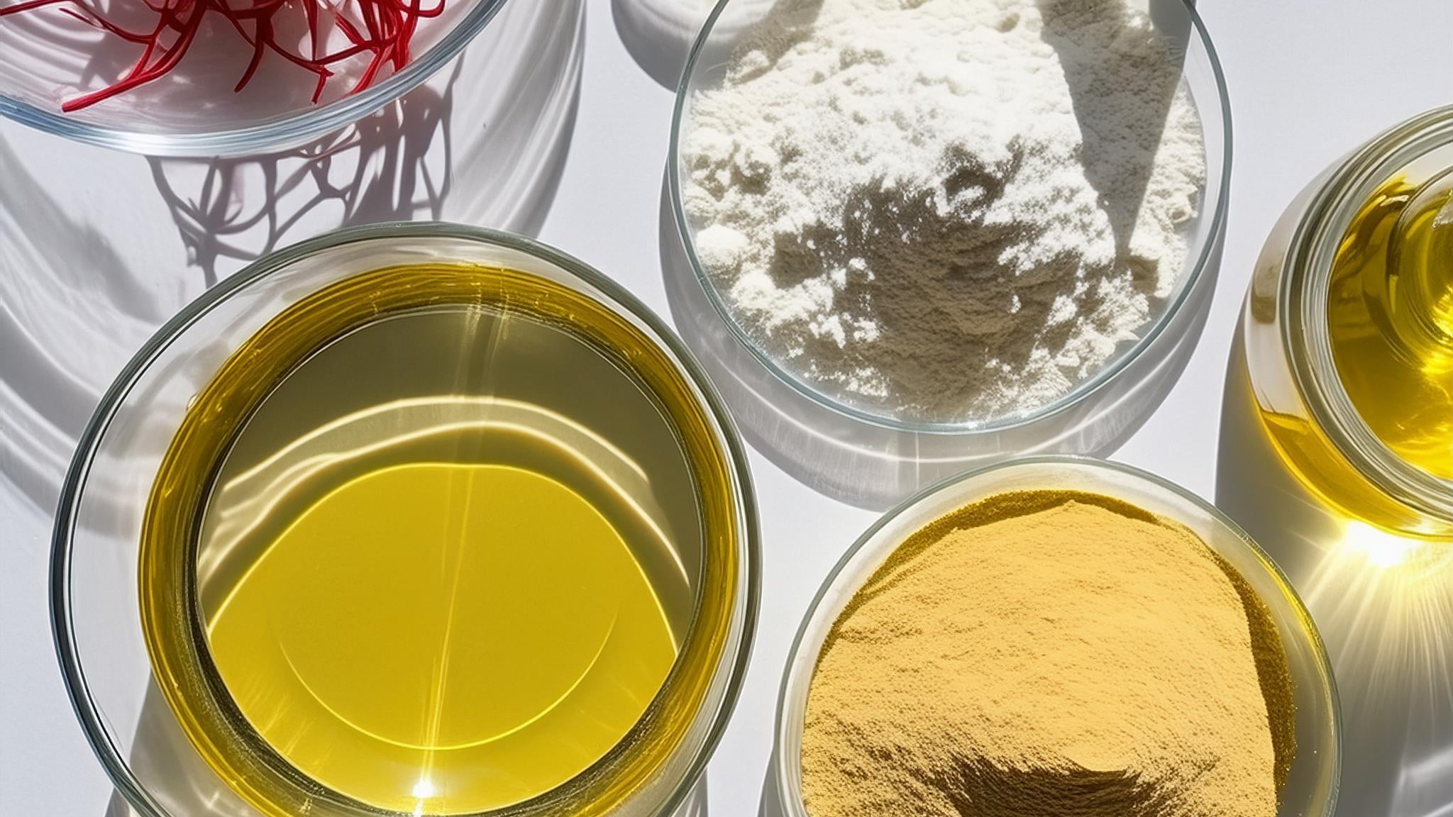 Several glass containers with various oils, powders, botanicals