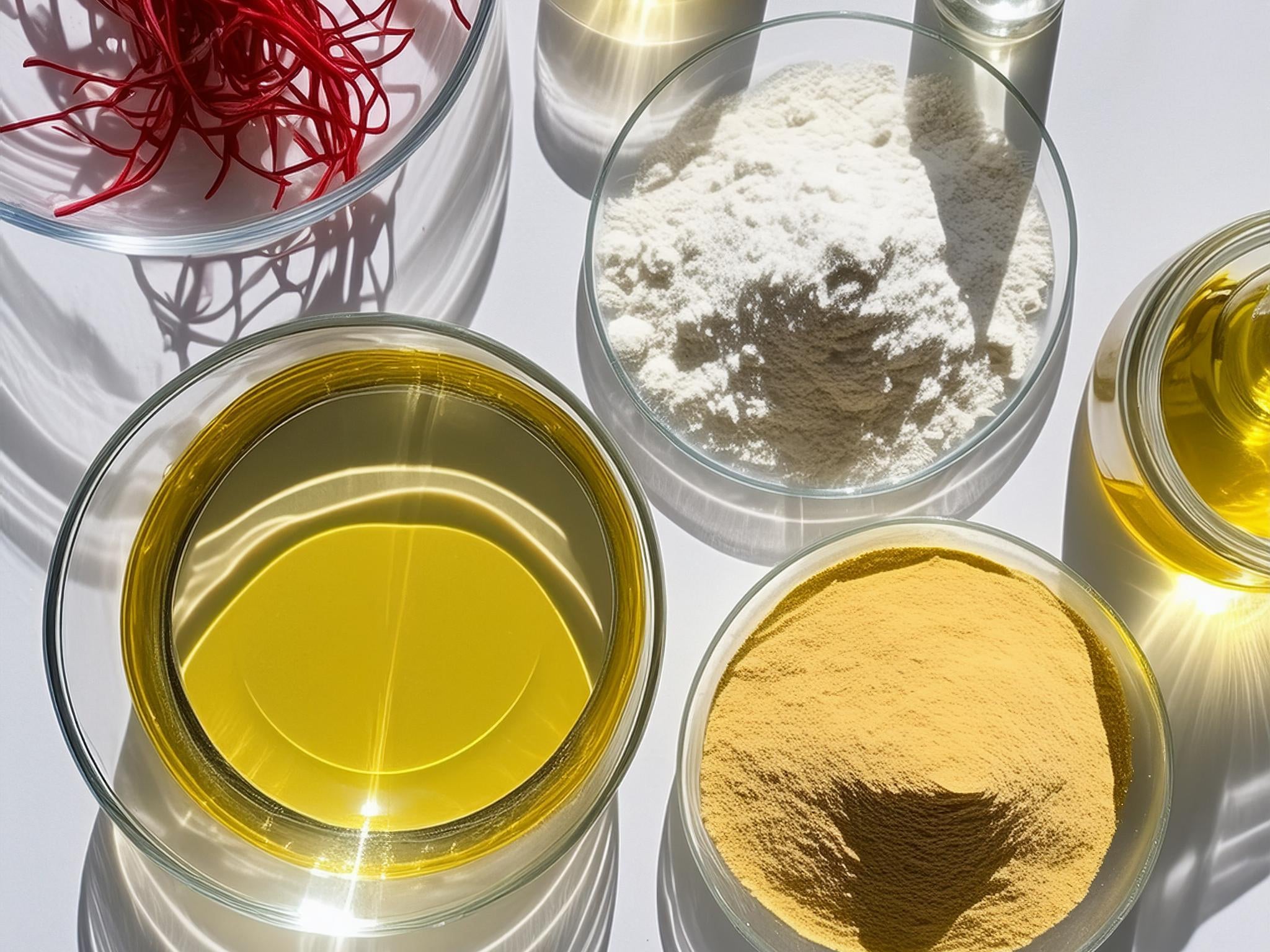Several glass containers with various oils, powders, botanicals