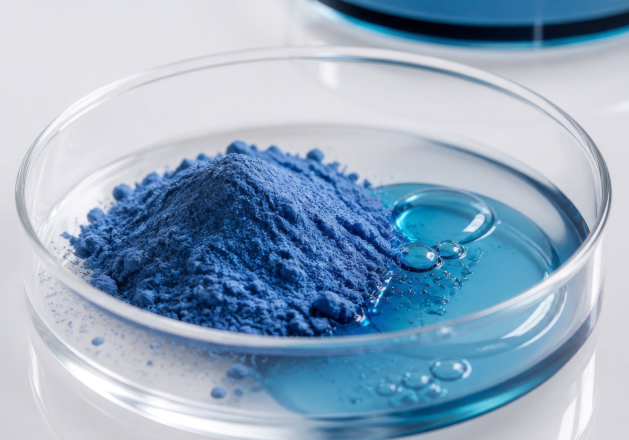 blue peptide powder and liquid in petri dish