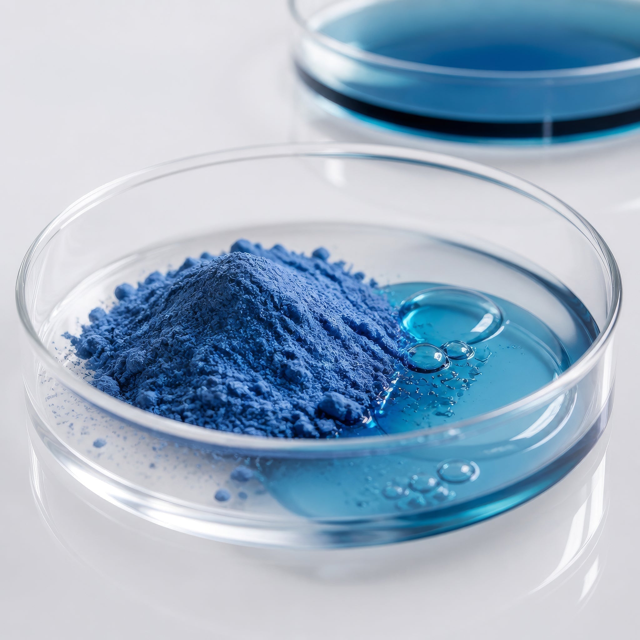 blue peptide powder and liquid in petri dish