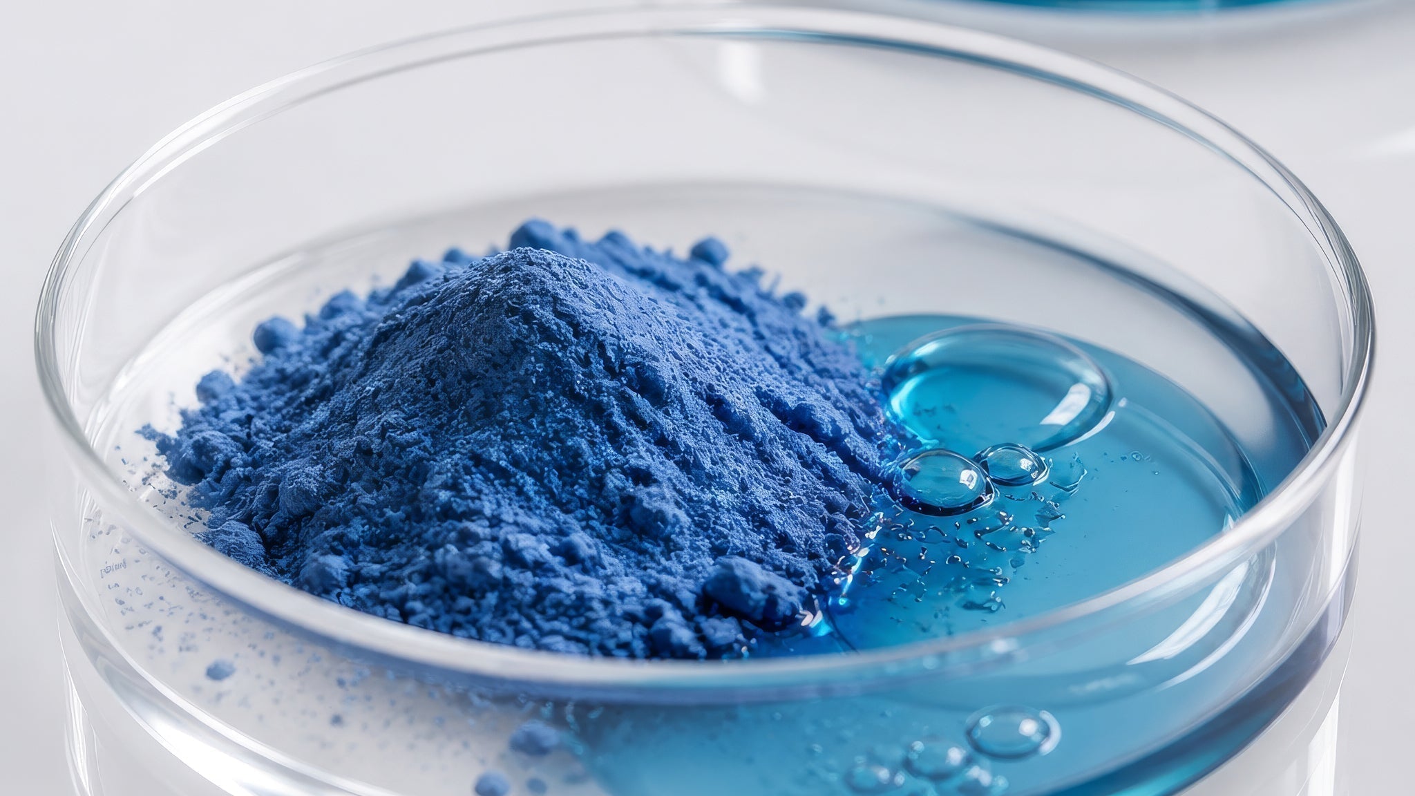 blue peptide powder and liquid in petri dish