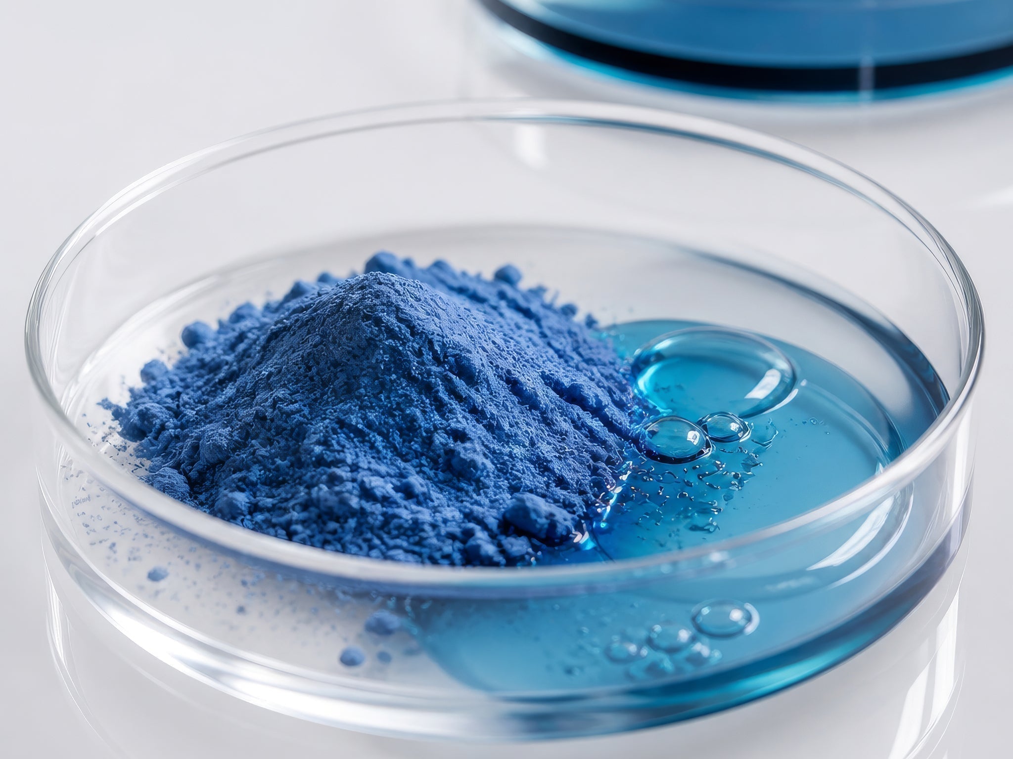 blue peptide powder and liquid in petri dish