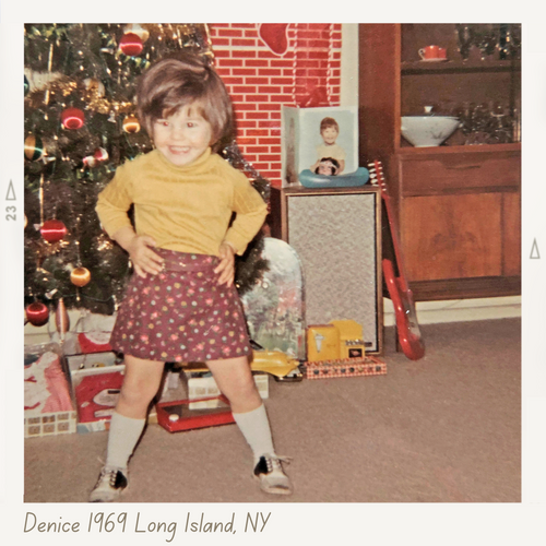 Faded old photo of very young girl at Christmas with "Denice 1969 Long Island, NY" on it