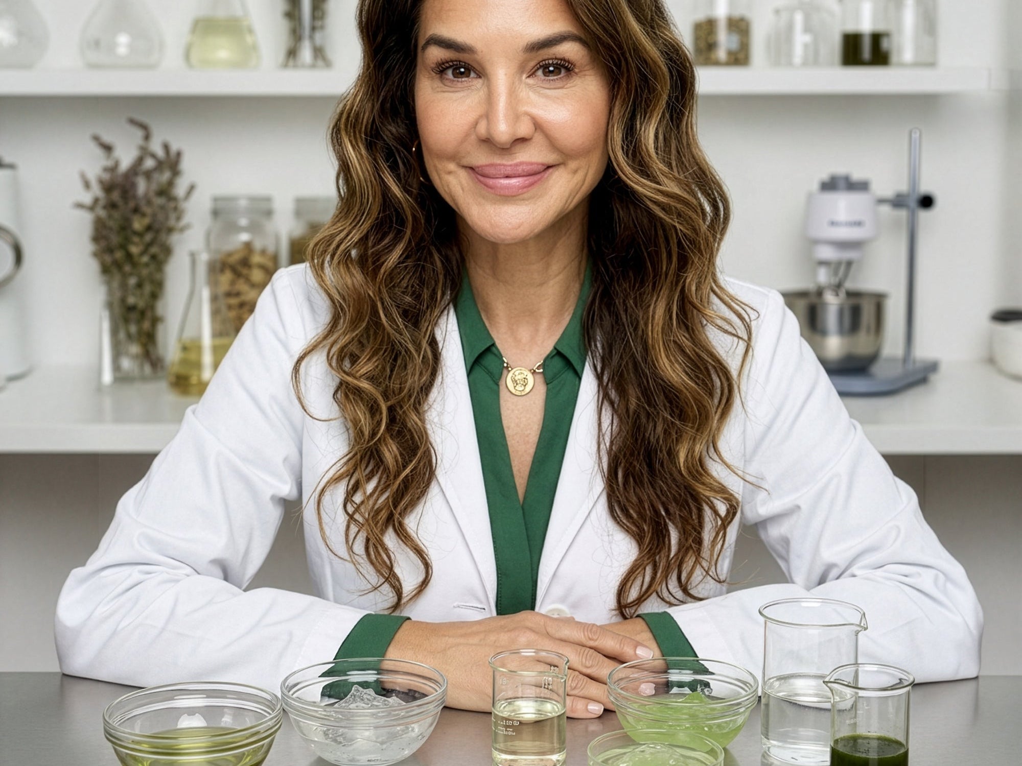 Photo of our founder Denice sitting in Lab coat at table with ingredients