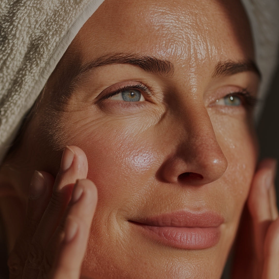 close up of older woman looking away as if out a window with a towel on her head