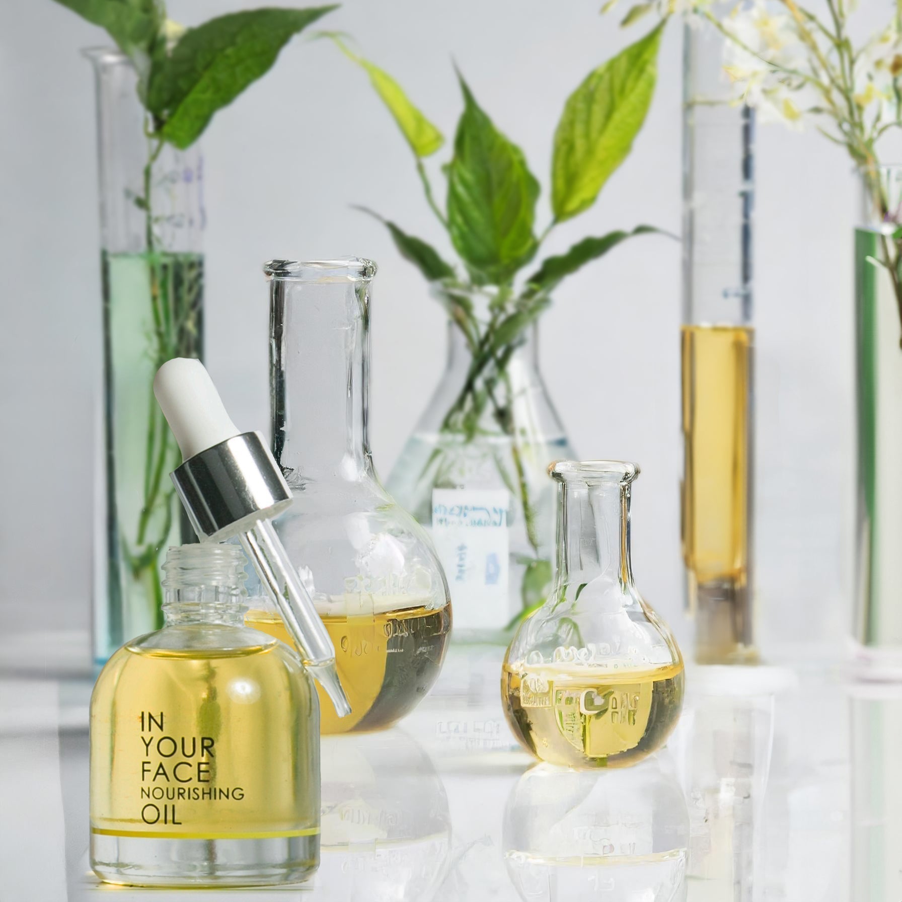 NOURISHING OIL surrounded by beakers of oil