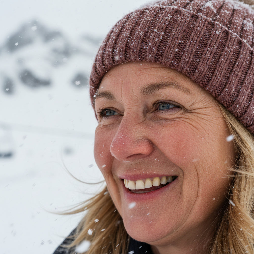 Closeup of woman wearing knit hat outside while snow falls around