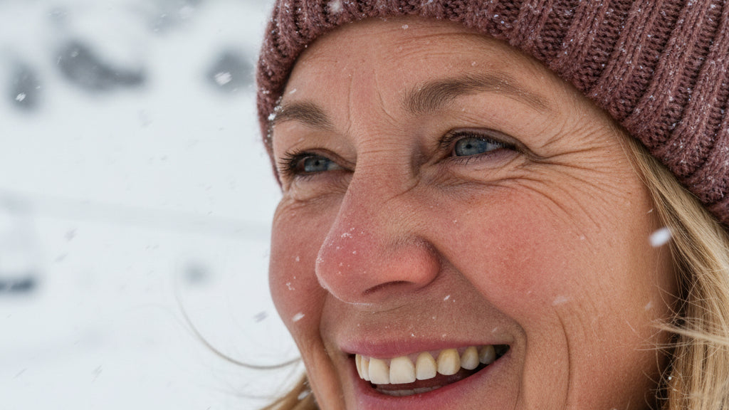Closeup of woman wearing knit hat outside while snow falls around