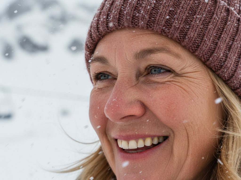 Closeup of woman wearing knit hat outside while snow falls around