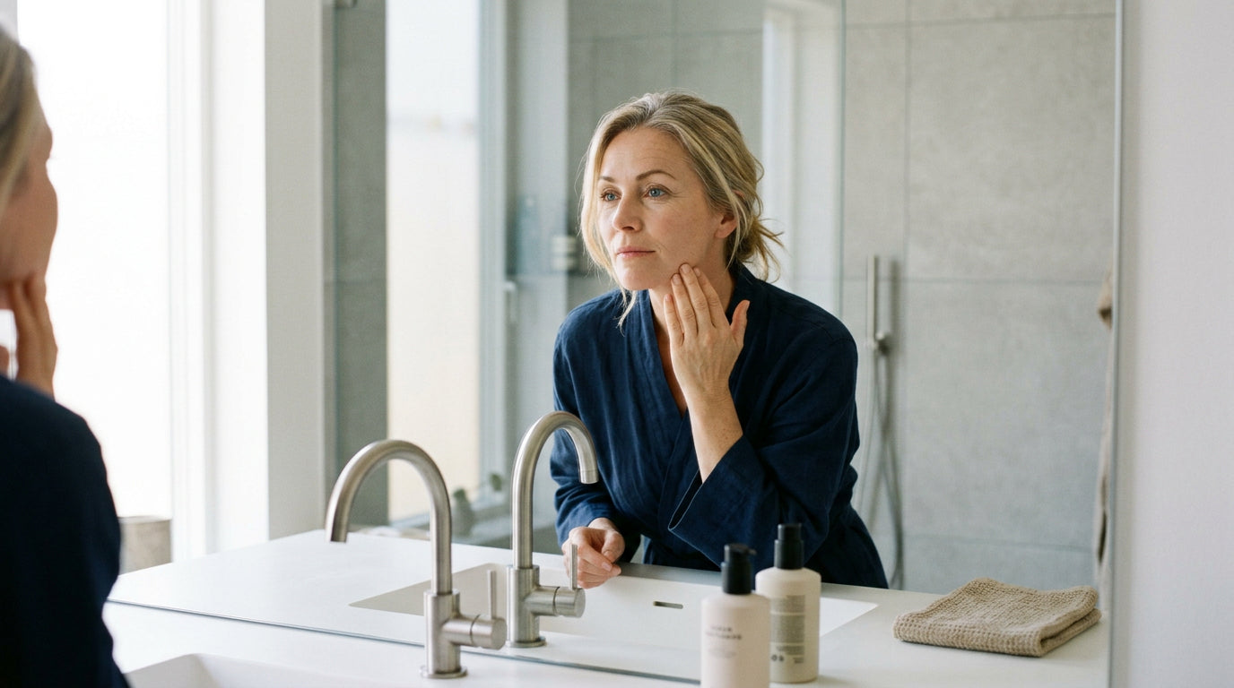 Woman with grey hair looking in bathroom mirror and hand on neck