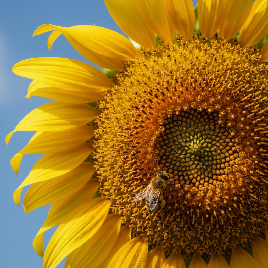 Sunflower with Bee on it against a blue sky