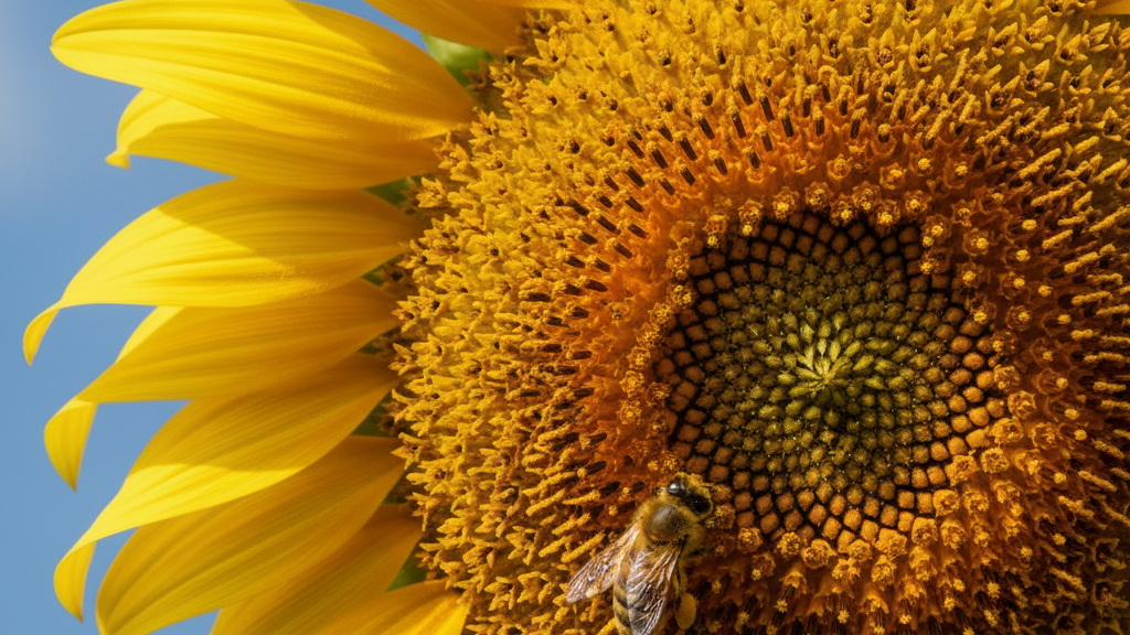 Sunflower with Bee on it against a blue sky