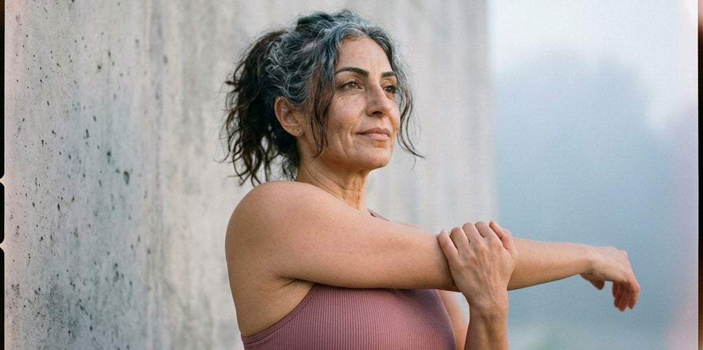Woman with hair pulled behind head stretching her arm