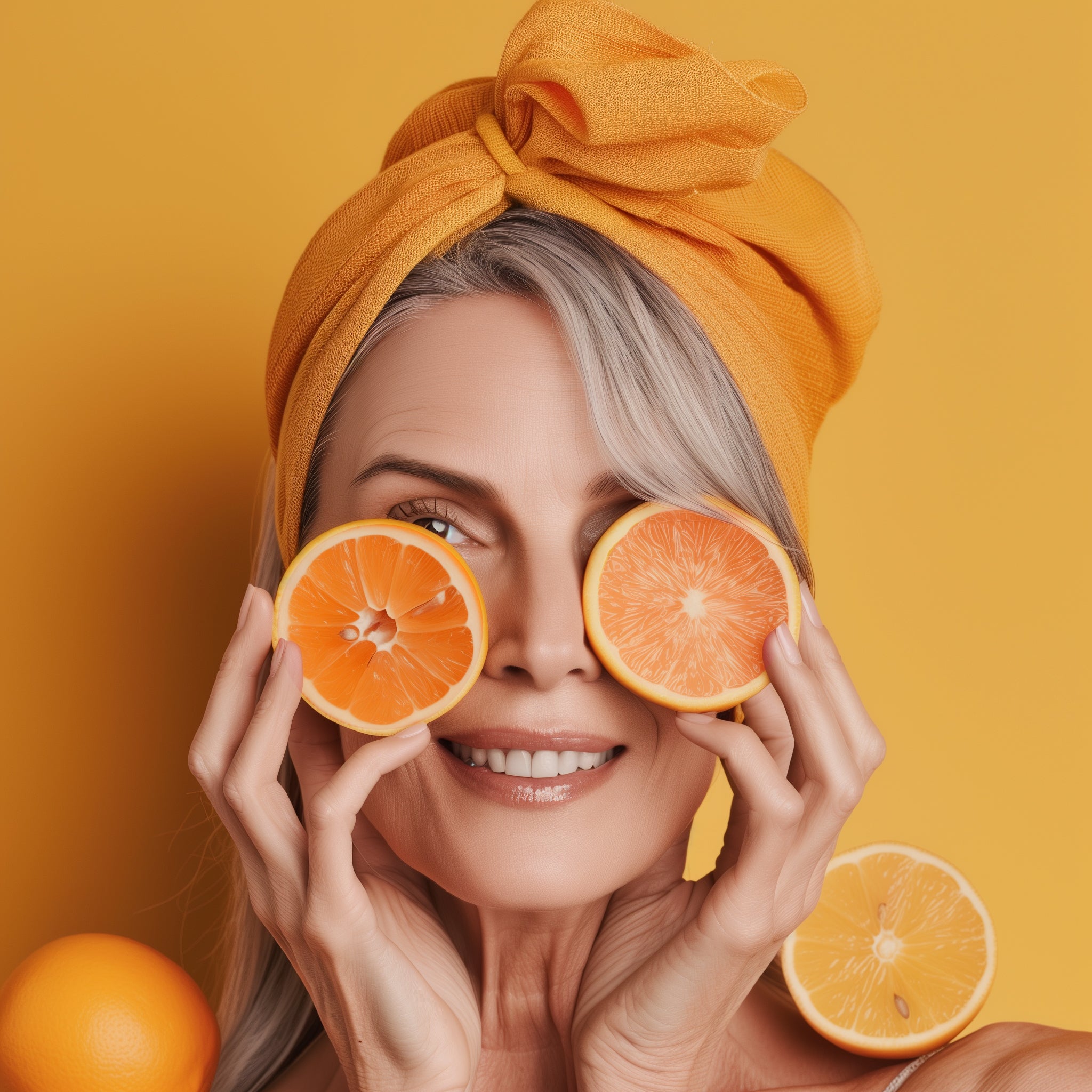 a mature woman on an orange-colored background, holding 2 cut orange slices to her eyes