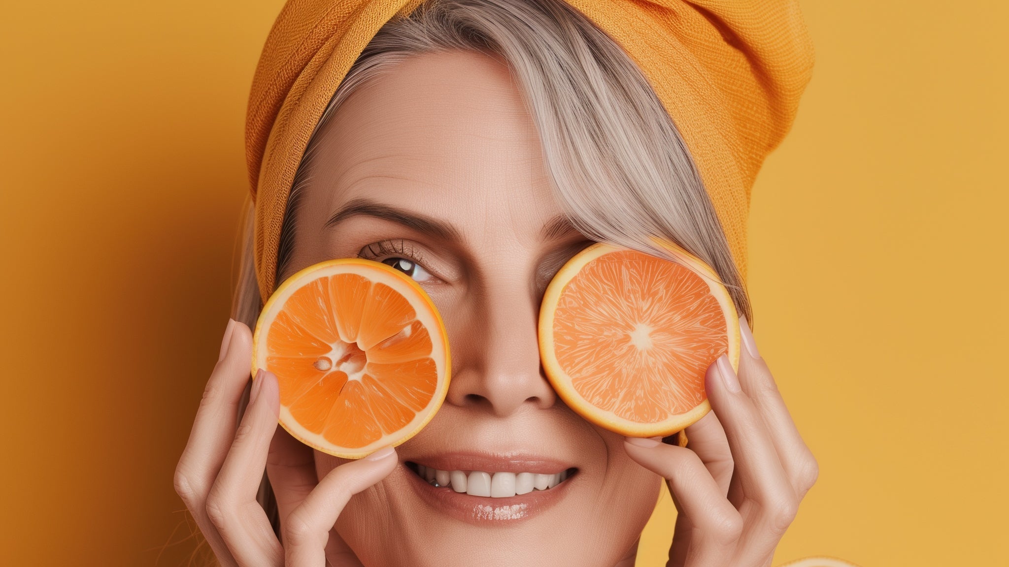 woman holding 2 cut orange slices to her eyes