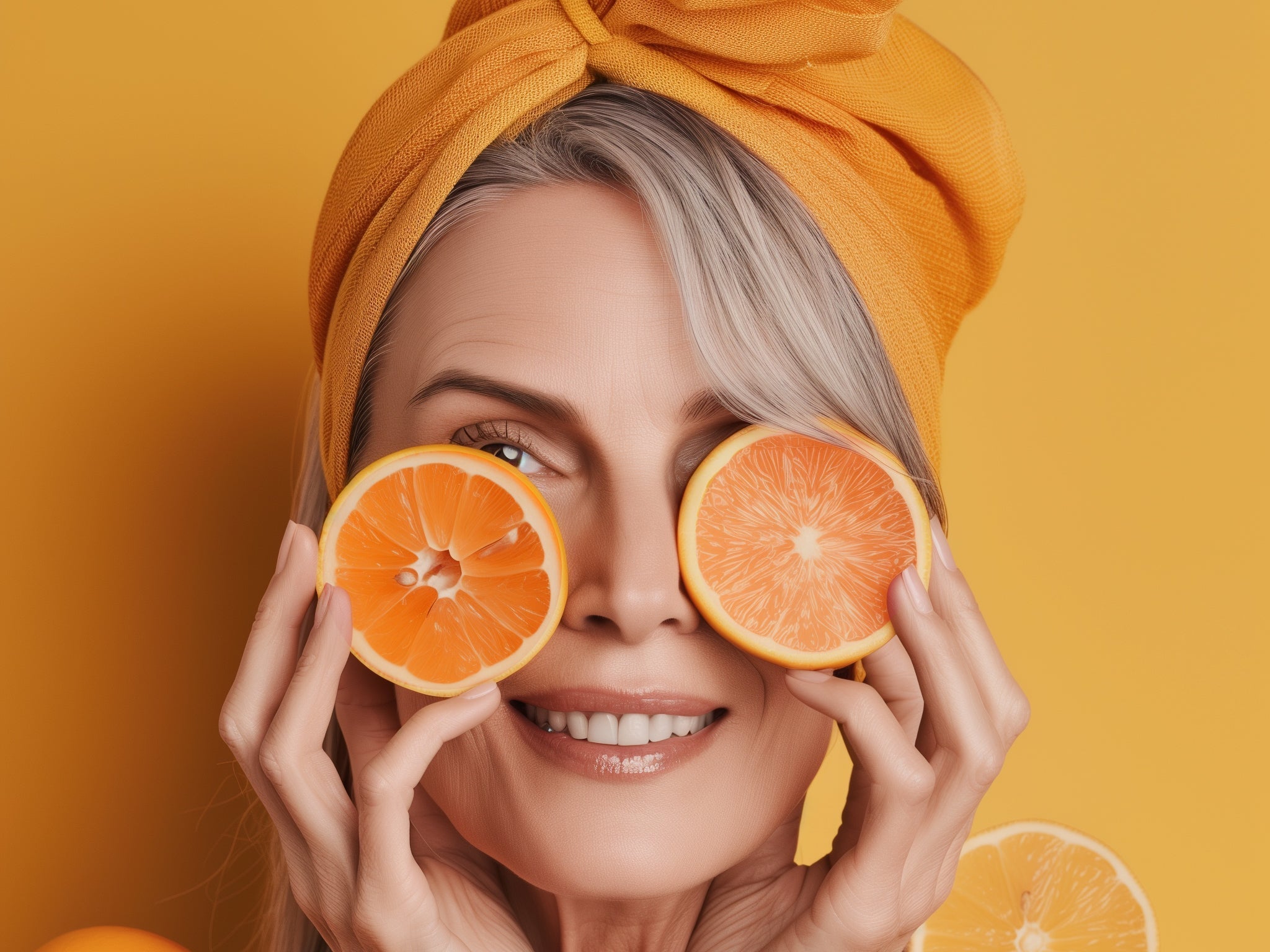 woman holding 2 cut orange slices to her eyes