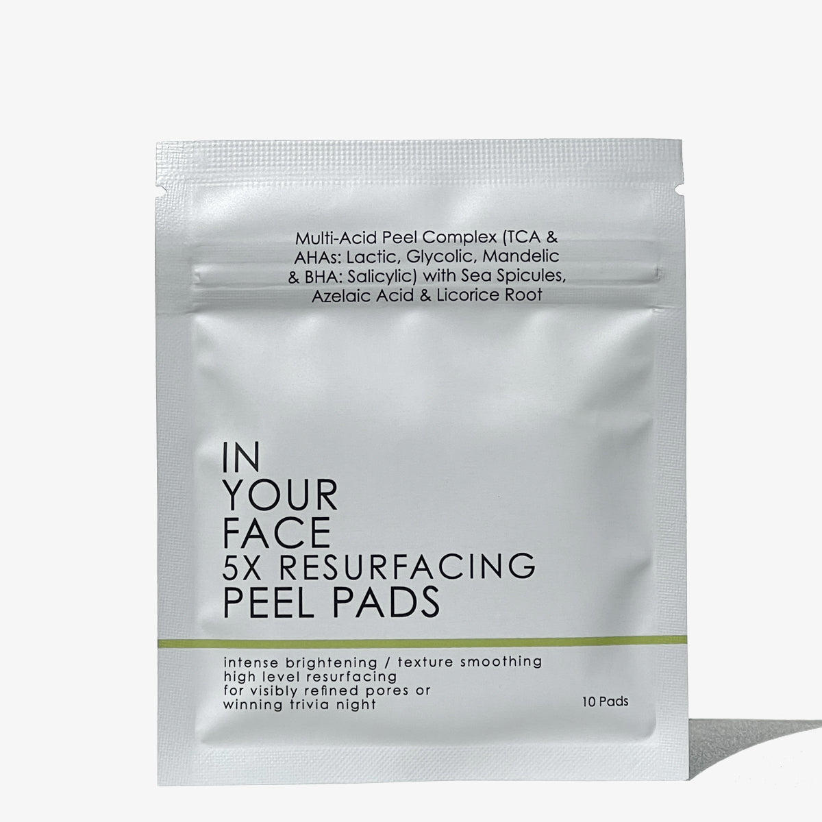 A single silver resealable pouch of IN YOUR FACE 5X RESURFACING PEEL PADS, 10 PADS Travel Pack, on a clean white background with a soft shadow.