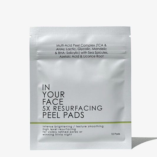 A single silver resealable pouch of IN YOUR FACE 5X RESURFACING PEEL PADS, 10 PADS Travel Pack, on a clean white background with a soft shadow.