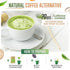 Cup of green matcha tea with text about a natural coffee alternative on a white background.